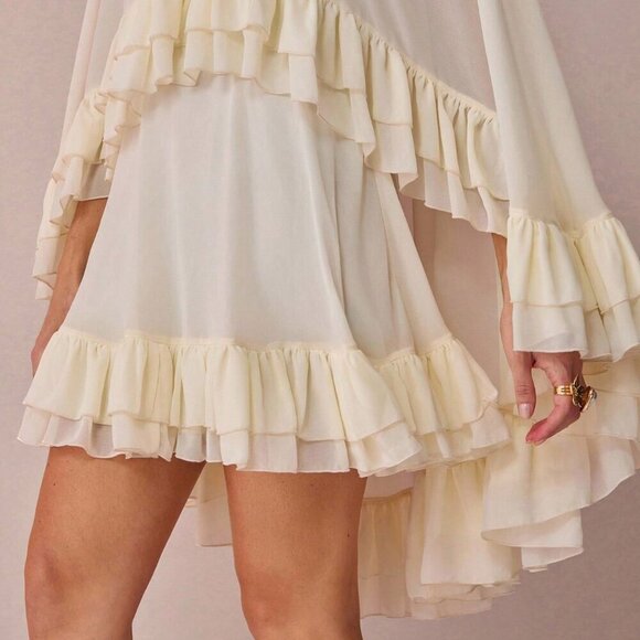 Apricot Boho Womens Romantic Cape Ruffle Hem Mini Dress - Picture 2 of 7